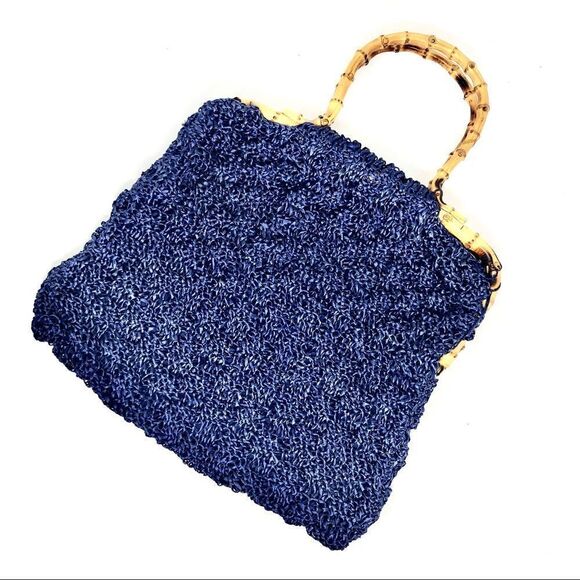 Bamboo and Royal Blue Straw Top Handle Summer Bag - Picture 2 of 7